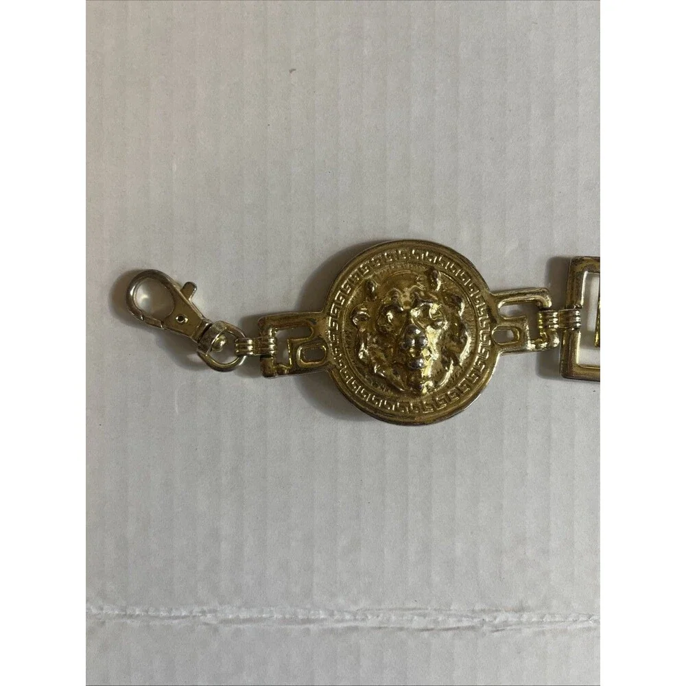 Lion Head Medallion Belt 42 In Gold Tone Chain Link Greek Key Chunky 80s Korea